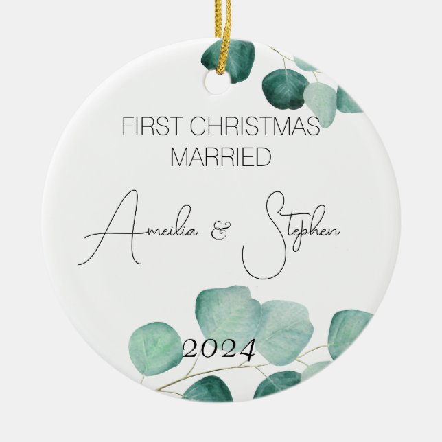Adorno De Cerámica Acuarela Primera Navidad Matrimonio Eucalipto (Frente)