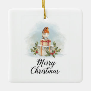 Adorno De Cerámica Acuarela Robin Regalos Holly Feliz Navidad