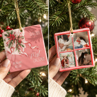 Adorno De Cerámica Acuarela Rosa y Rojo Lazo Pareja Primera Navidad