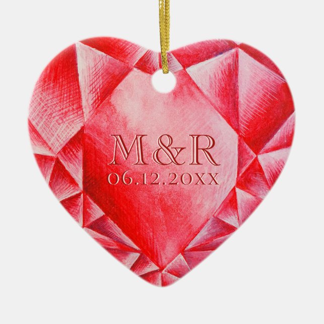 Adorno De Cerámica Acuarela Ruby Heart 40° Aniversario del Boda (Frente)