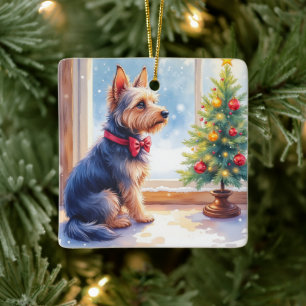 Adorno De Cerámica Acuarela Terrier Australiano Mesa Navidad