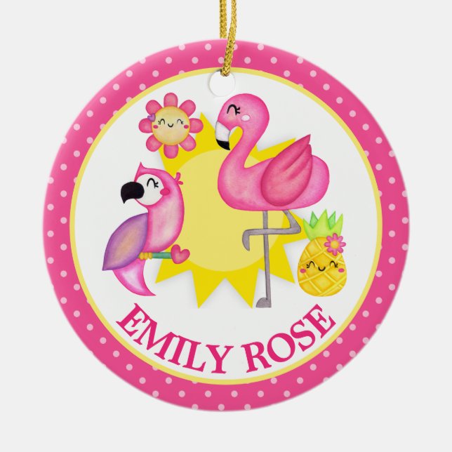 Adorno De Cerámica Acuarela Tropical Verano Flamingo y Loro (Frente)