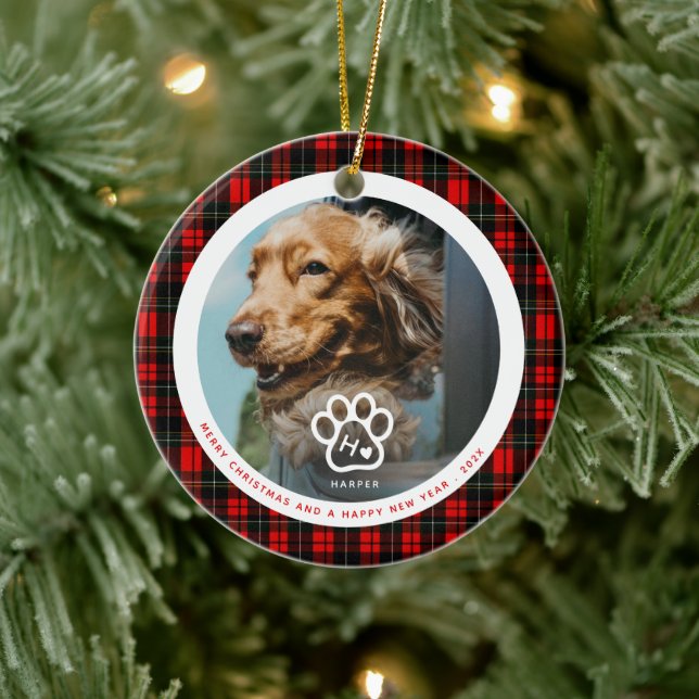 Adorno De Cerámica Add Your Own Dog Pets Photo Monogram Name Tartan (Árbol)