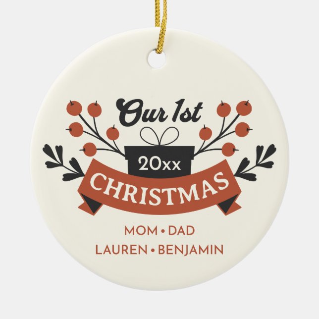 Adorno De Cerámica Adopción "Nuestra primera Navidad" Foto de Keepsak (Frente)