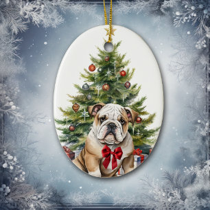 Adorno De Cerámica Adorable Bulldog Navidad con Lazo Rojo