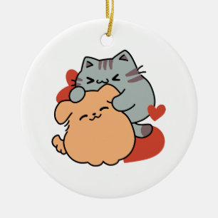 Adorno De Cerámica Adorable Cat and Dog Hug - Diseño de Meow & Woof