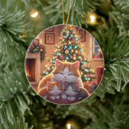 Adorno De Cerámica Adorable familia de gato de dibujos animados en el