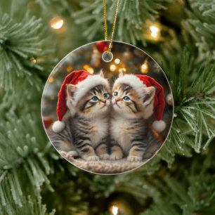 Adorno De Cerámica Adorable gatito de Navidad con sombreros de Santa