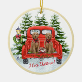 Adorno De Cerámica Adorable Goldendoodles Vintage Red Truck Ornament