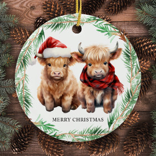 Adorno De Cerámica Adorable Highland Cow Calf Farm Feliz Navidad