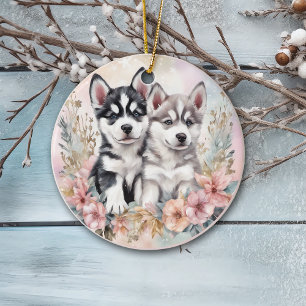Adorno De Cerámica Adorable Husky Puppies Navidades Florales Rosa