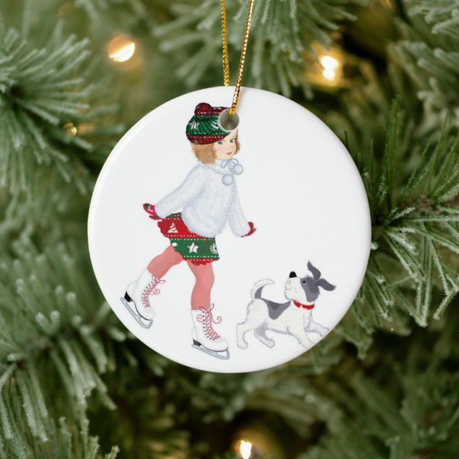 Adorno De Cerámica Adorable little girl skating on ice and Dog (Árbol)