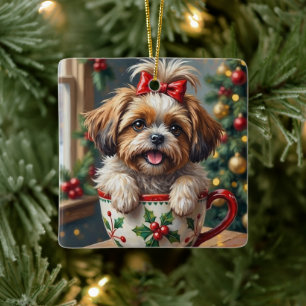 Adorno De Cerámica Adorable perro Shih Tzu en arte de manta para taza