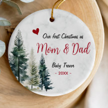 Adorable primer Navidad mamá y papá corazón rojo