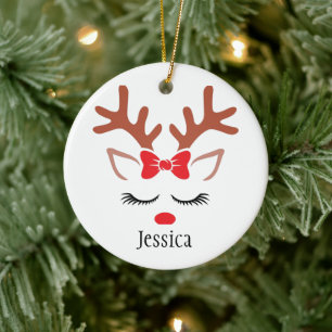 Adorno De Cerámica Adorable reno de Navidad femenino con pestañas roj