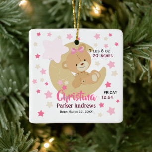 Adorno De Cerámica Adorable Teddy Bear Baby Girl Estadísticas De Naci
