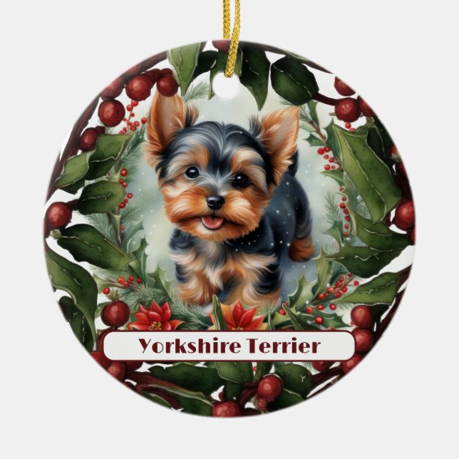 Adorno De Cerámica Adorable Yorkie, Navidades personalizados (Frente)