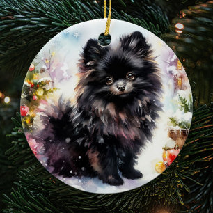 Adorno De Cerámica Adorables Navidades de acuarela de Pomerania Negra