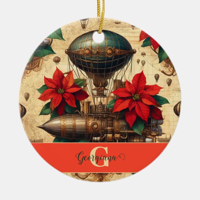 Adorno De Cerámica Aeronave personalizada Steampunk con Poinsettia (Frente)