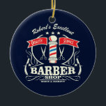 Adorno De Cerámica Afeitado excelente del estilista de la peluquería<br><div class="desc">Dé a su peluquero preferido su propio ornamento con monograma del navidad. Características del diseño de la calidad peluquero y tijeras y maquinillas de afeitar de las herramientas del estilista. También ofrece un símbolo icónico de la peluquería de caballeros el polo rojo, blanco y azul de la peluquería de caballeros....</div>