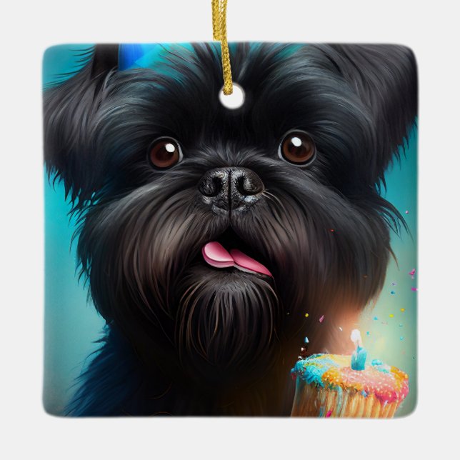 Adorno De Cerámica Affenpinscher celebrando la tarta de los globos de (Anverso)