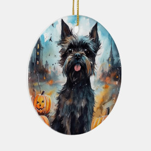 Adorno De Cerámica Affenpinscher de Halloween con calabazas aterrador