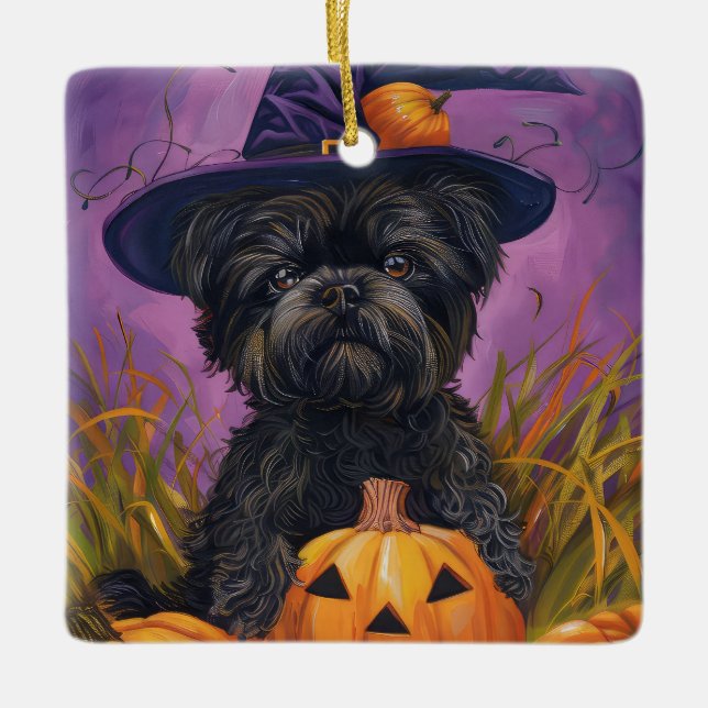 Adorno De Cerámica Affenpinscher Falloween Bruja y calabaza (Anverso)