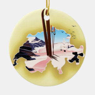 Adorno De Cerámica Afiche de viajes en Ski de Suiza.