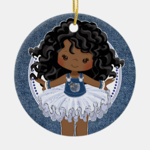 Adorno De Cerámica African American Girl Denim & Diamonds Christmas