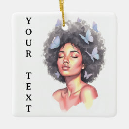 Adorno De Cerámica Afro Beauty with Butterflies – Watercolor Ornament