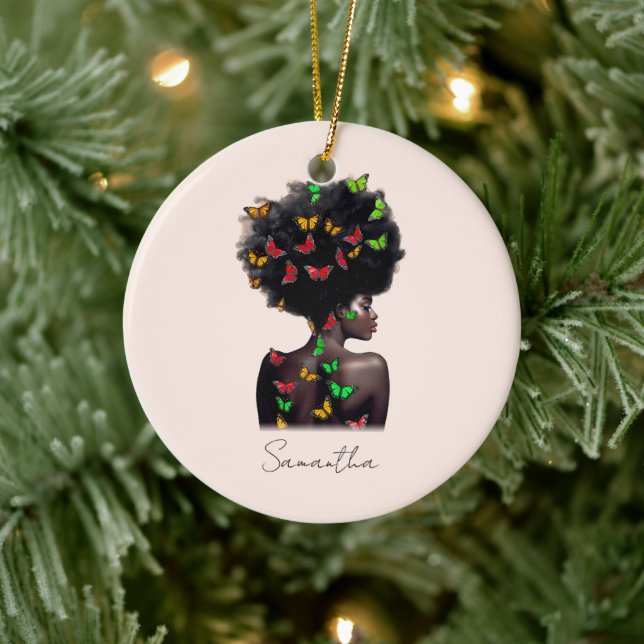 Adorno De Cerámica Afroamericana con afro relleno de mariposa (Árbol)