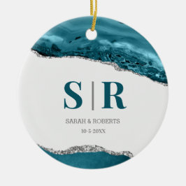 Adorno De Cerámica Ágata Geoda Teal Navidad Monogramada para Parejas