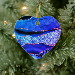 Adorno De Cerámica Agate Neon Blue Gold Purpurina Marble Sparkle