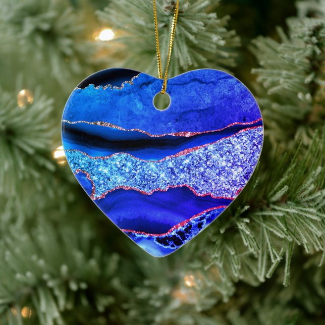 Adorno De Cerámica Agate Neon Blue Gold Purpurina Marble Sparkle (Árbol)