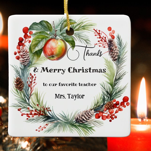 Adorno De Cerámica Agradecimientos de profesores Navidades Gracias (Christmas ornament showing a watercolor holiday wreath with apple - teacher Thank You appreciation)