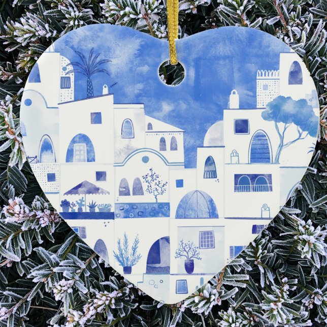 Adorno De Cerámica Agua de Santorini Grecia (Santorini blue and white watercolor art Christmas ornament)