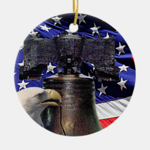 Adorno De Cerámica Águila calva americana, campanilla y bandera