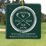 Adorno De Cerámica Agujero De Golf Personalizado En Un Verde De Esmer<br><div class="desc">Con un diseño retro clásico con efecto de sello antiguo. Personalice el nombre,  el número de taladro de la ubicación y la fecha para crear un gran conservador de golf para celebrar ese fantástico hoyo en uno. Diseñado por Thisisnotme©</div>