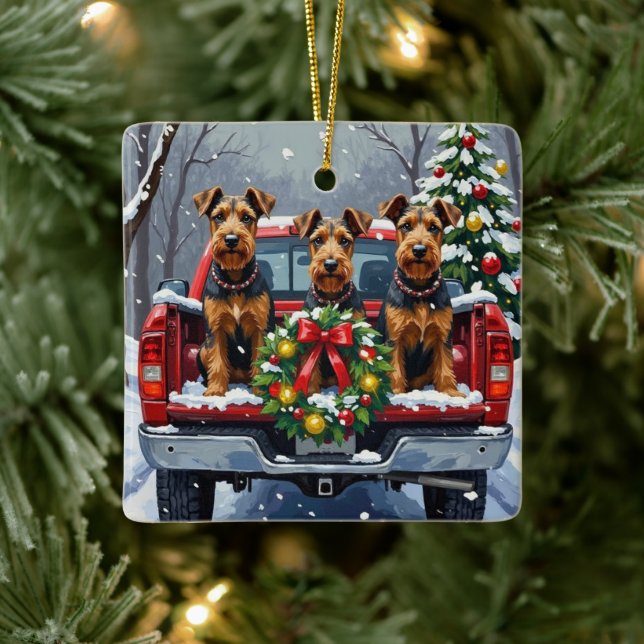 Adorno De Cerámica Airedale Terrier Christmas Red Truck Holiday (Árbol)