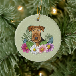 Adorno De Cerámica Airedale Terrier Perro Y Flores Coloridas Verde