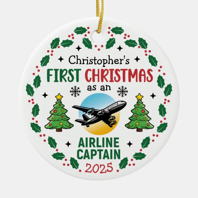 Adorno De Cerámica Airline Captain First Christmas Pilot Personalized (Frente)