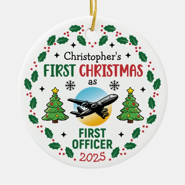 Adorno De Cerámica Airline First Officer Personalized Pilot Christmas (Frente)