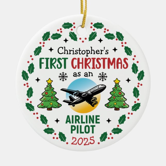 Adorno De Cerámica Airline Pilot First Christmas Personalized (Frente)