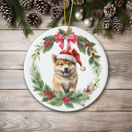Adorno De Cerámica Akita Cuppy Dog Red Bow Holly Wreath