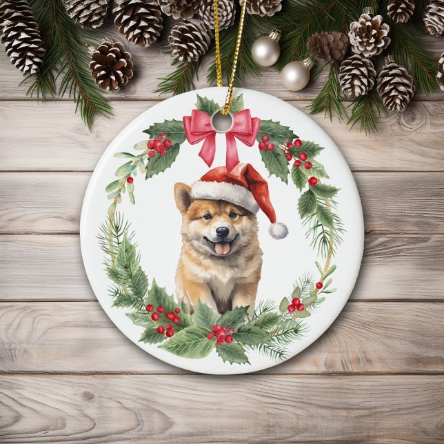 Adorno De Cerámica Akita Cuppy Dog Red Bow Holly Wreath (Subido por el creador)