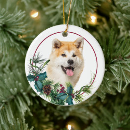 Adorno De Cerámica Akita Dog Evergreen Berry Wreath