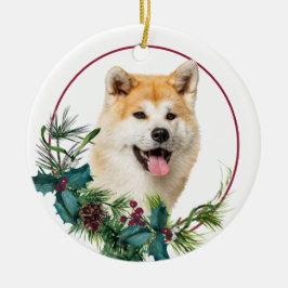 Adorno De Cerámica Akita Dog Evergreen Berry Wreath