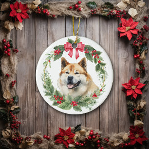 Adorno De Cerámica Akita Dog Red Bow Holly Wreath
