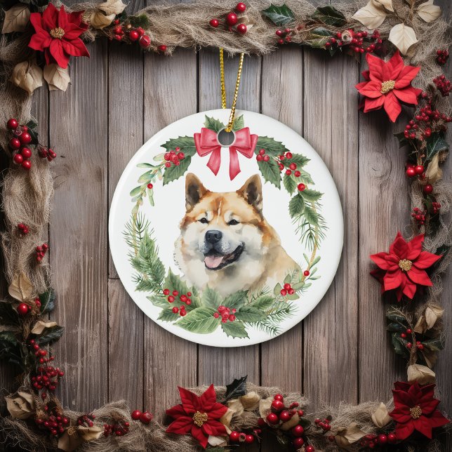 Adorno De Cerámica Akita Dog Red Bow Holly Wreath (Subido por el creador)
