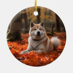 Adorno De Cerámica Akita en hojas de otoño inspirado en la caída